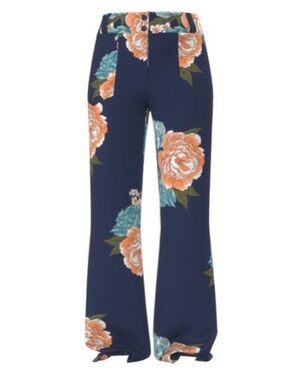 LuLaRoe Emery Navy Floral Wide-Leg Pants with Teal and Peach Blooms